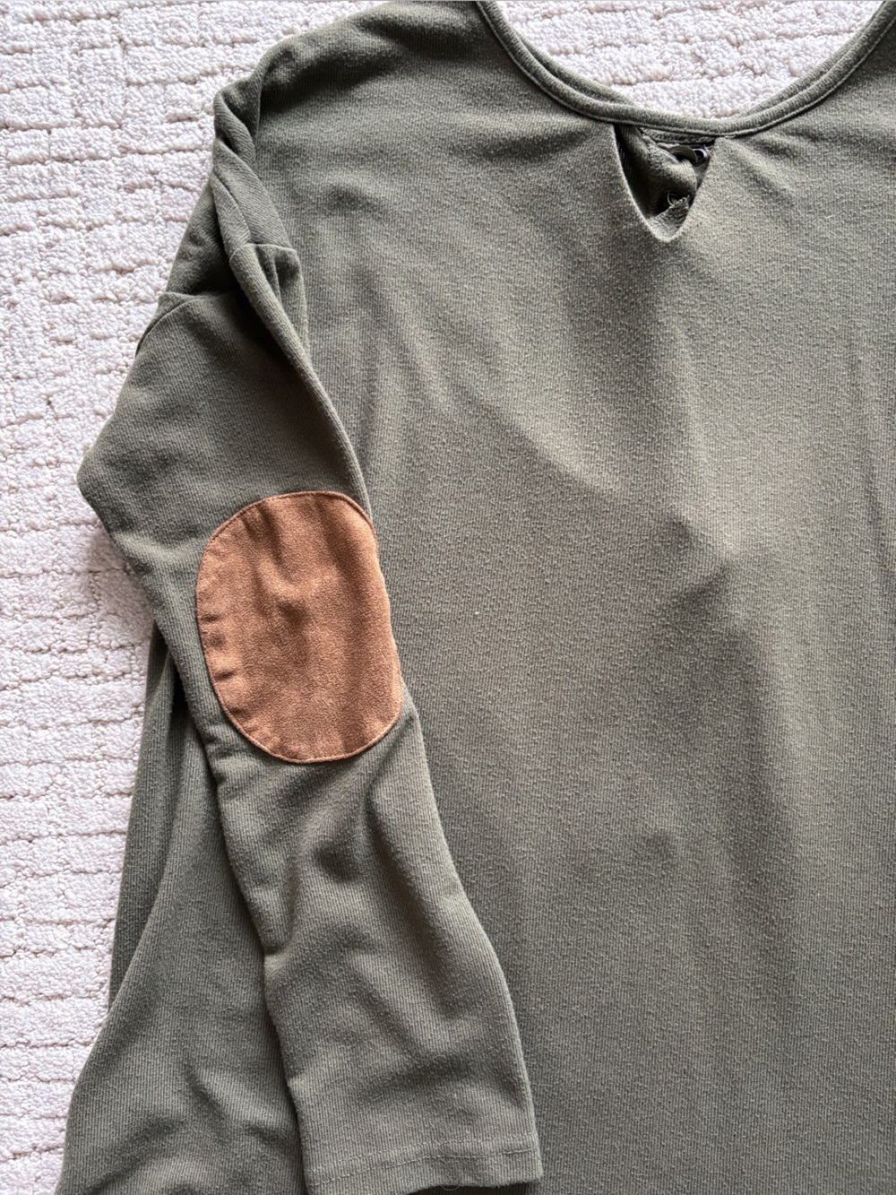 She + Sky Olive Green Long Sleeve Top with Brown Elbow Patch